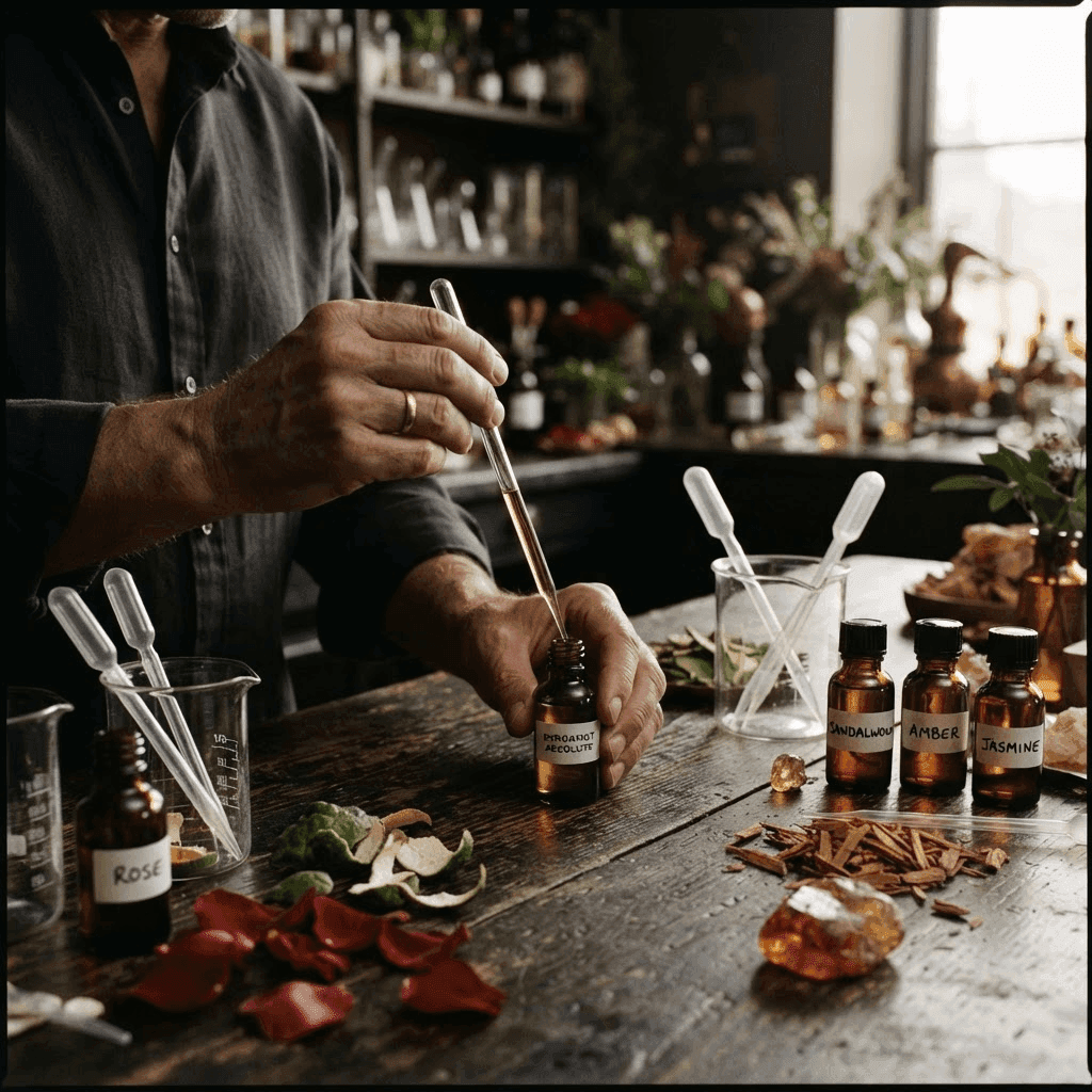 Perfumer's hands with pipettes, vials and raw ingredients