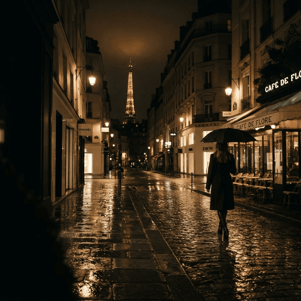 Rain-slicked Paris street at night with bokeh lights