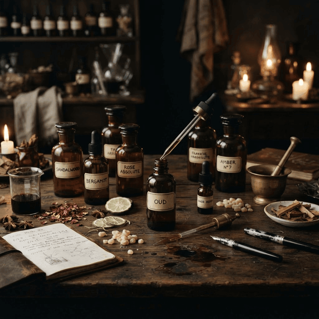 Amber bottles and botanical ingredients on a dark table