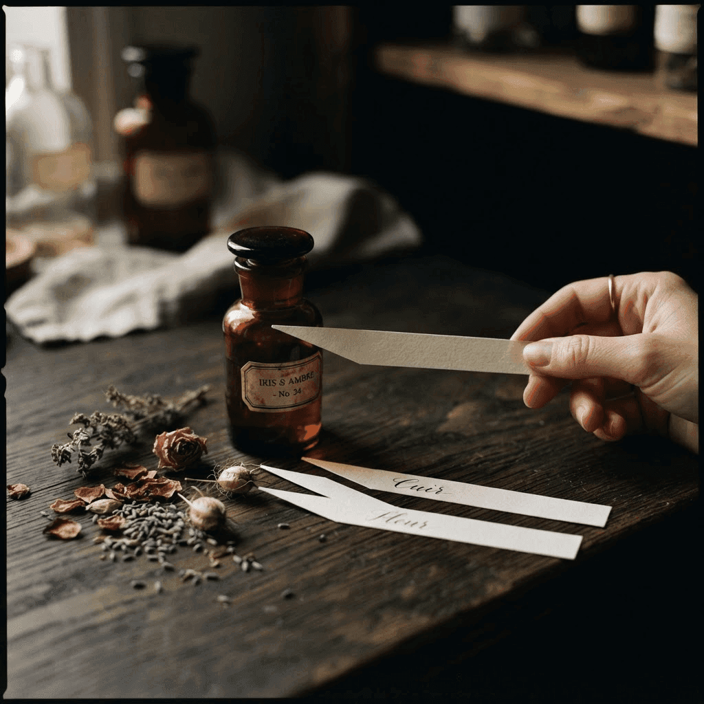 Dried flowers, paper scent strips and an amber vial
