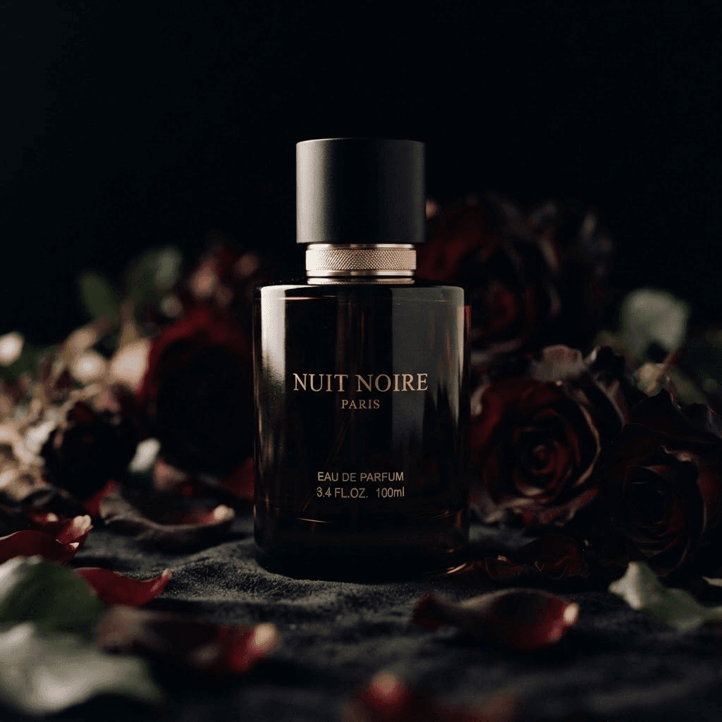 La Nuit fragrance against dark velvet roses
