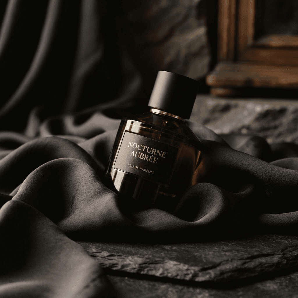 Lenoir Paris bottle resting on dark stone with charcoal silk