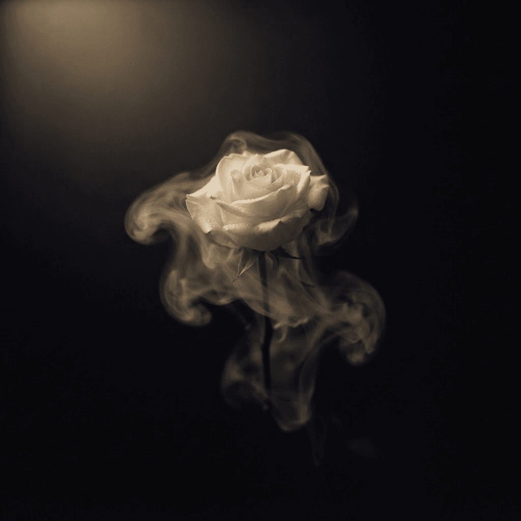 A single pale rose amid drifting smoke in darkness